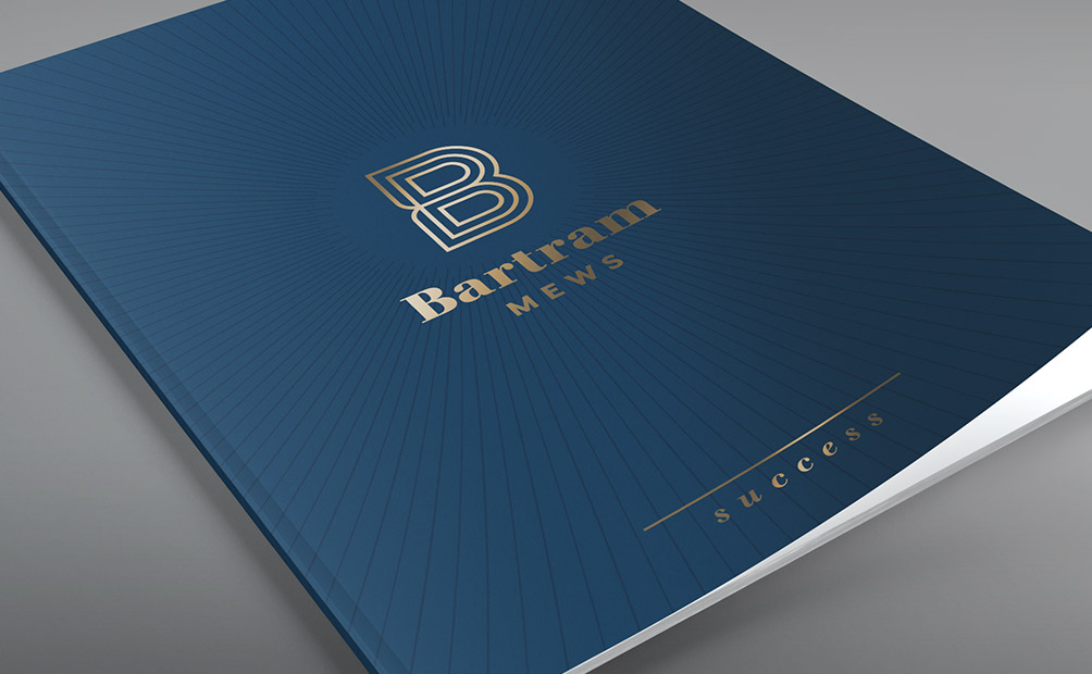 Brochure cover with gold foil for Bartram Mews Estate, Perth WA. Designed by Axiom Design Partners
