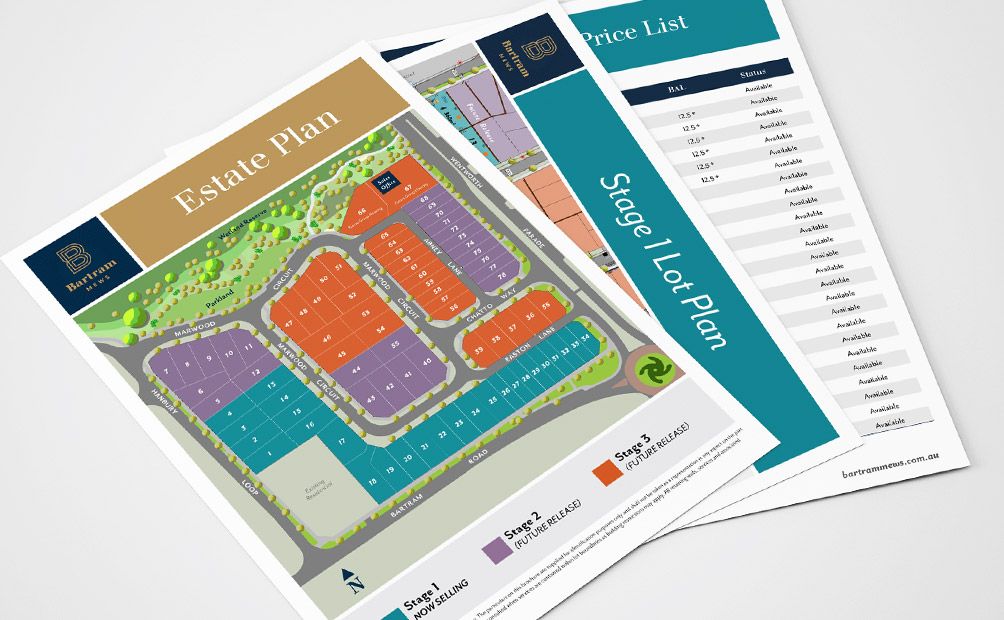 Estate plan and branded documentation for Bartram Mews Estate, Perth WA. Designed by Axiom Design Partners