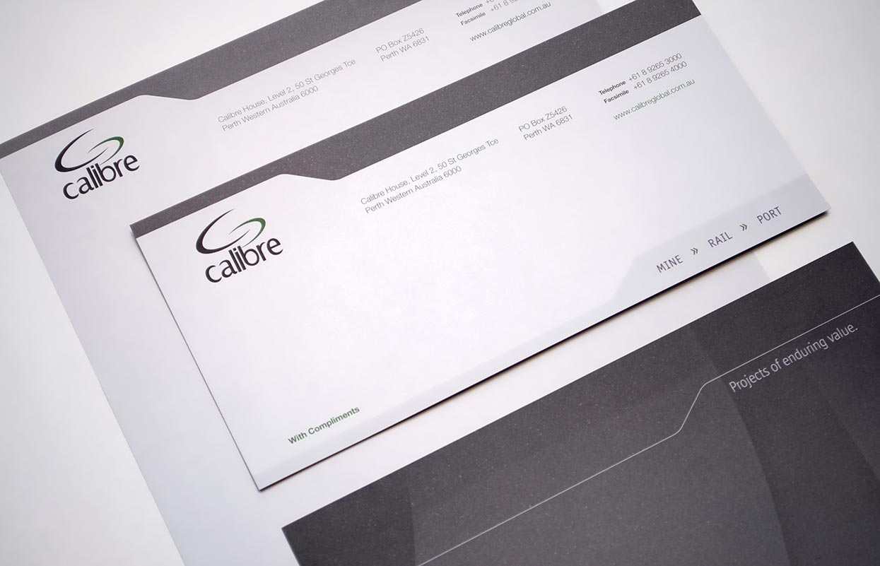 Calibre Global corporate stationery suite.