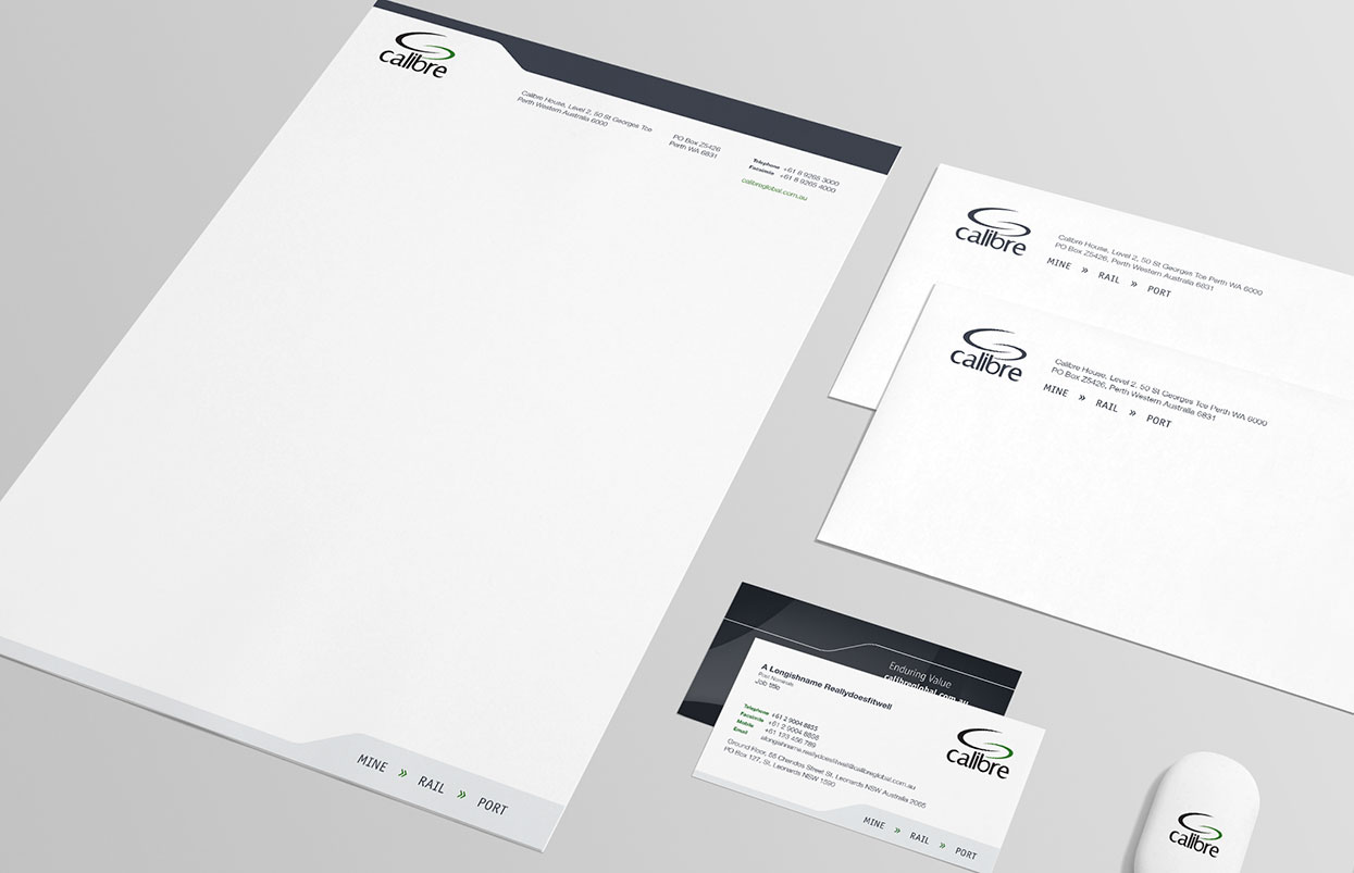The Calibre Global corporate stationery suite.
