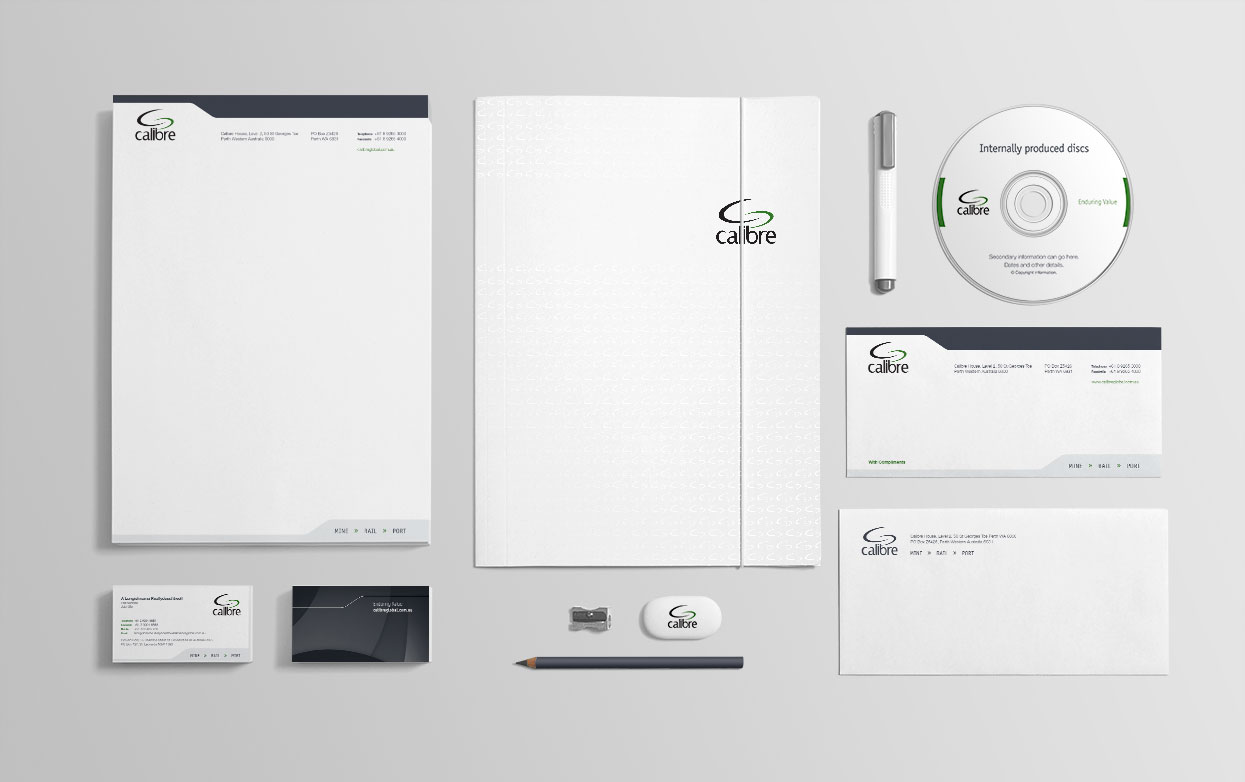 The Calibre Global corporate stationery suite.