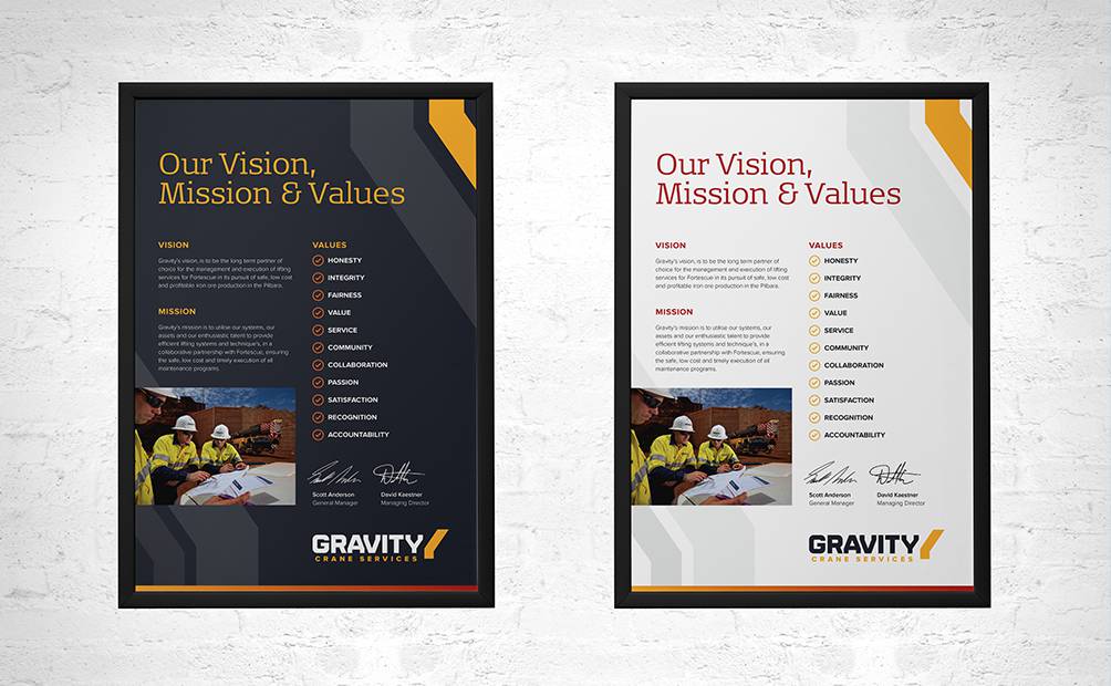 Gravity Cranes mission and values posters