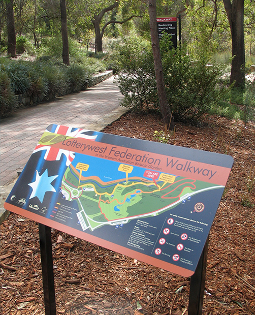 Lotterywest Federation Walkway map sign at King's Park, Perth