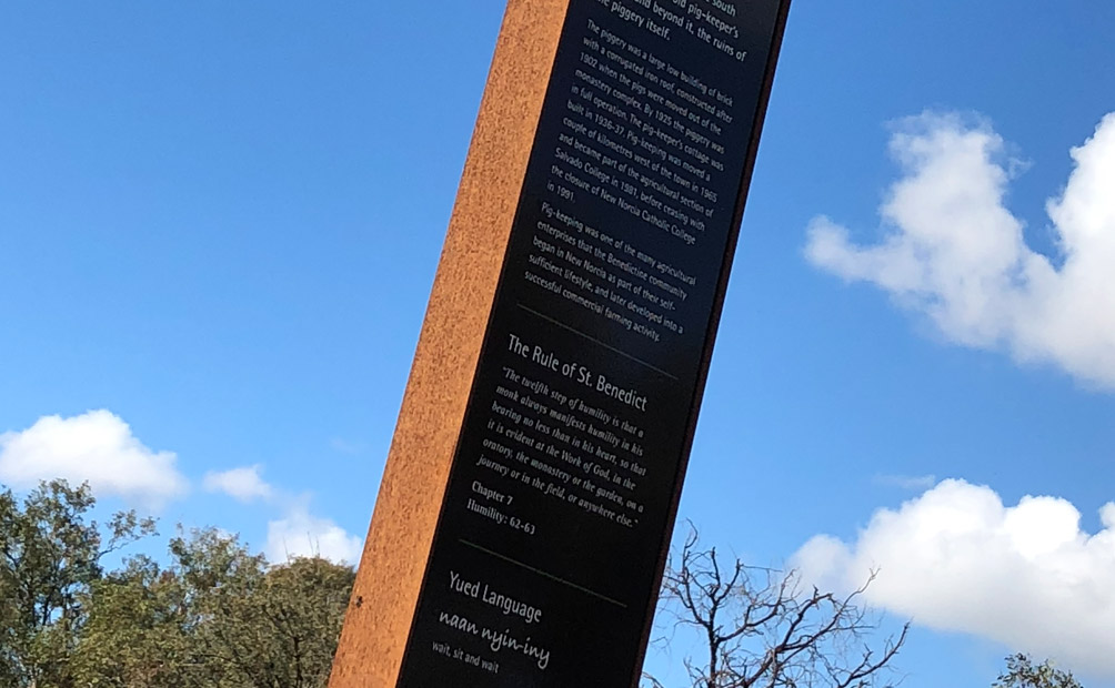 Close up view of river walk signage at New Norcia in Western Australia. Designed by Axiom Design Partners