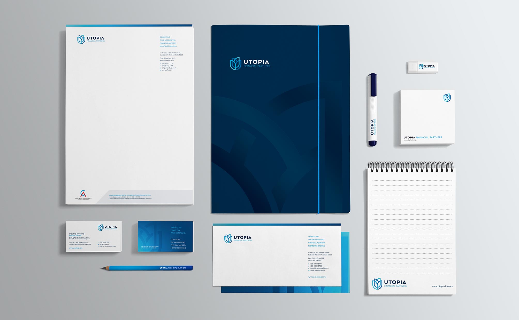 Corporate stationery suite for Utopia Financial Partners, by Axiom Design Partners