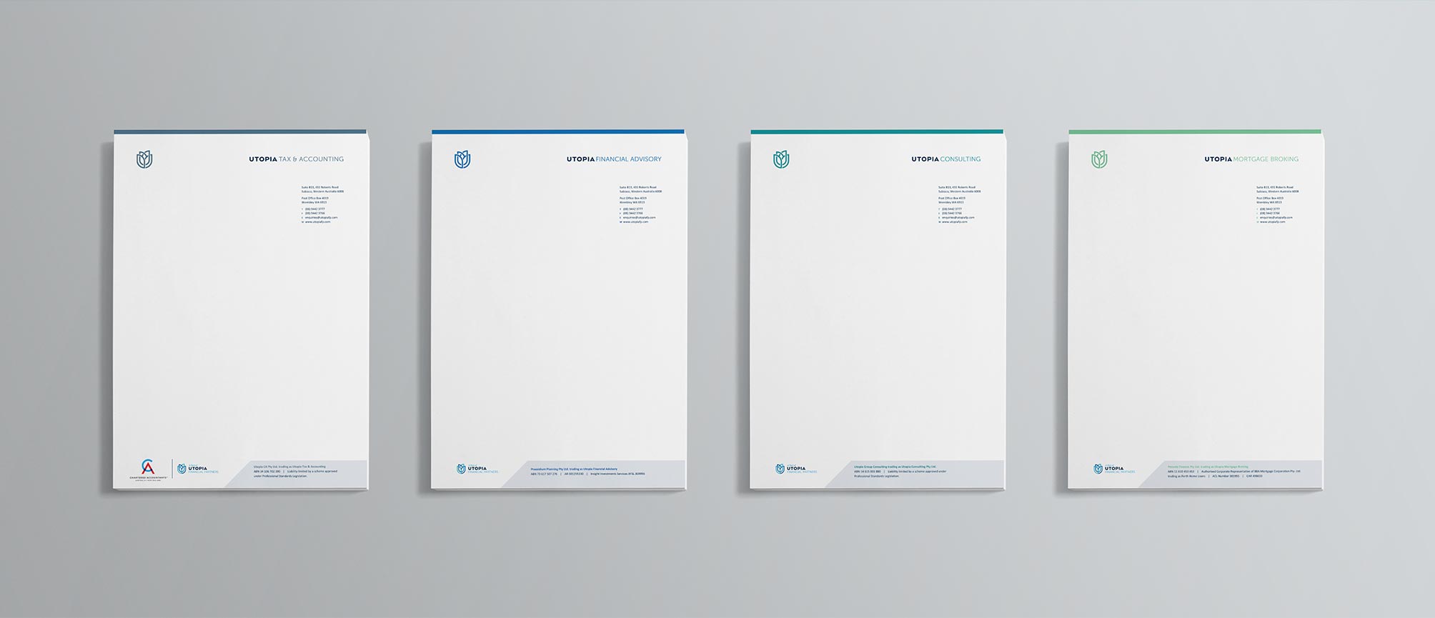 Letterhead suite for the divisions of Utopia Financial Partners, by Axiom Design Partners